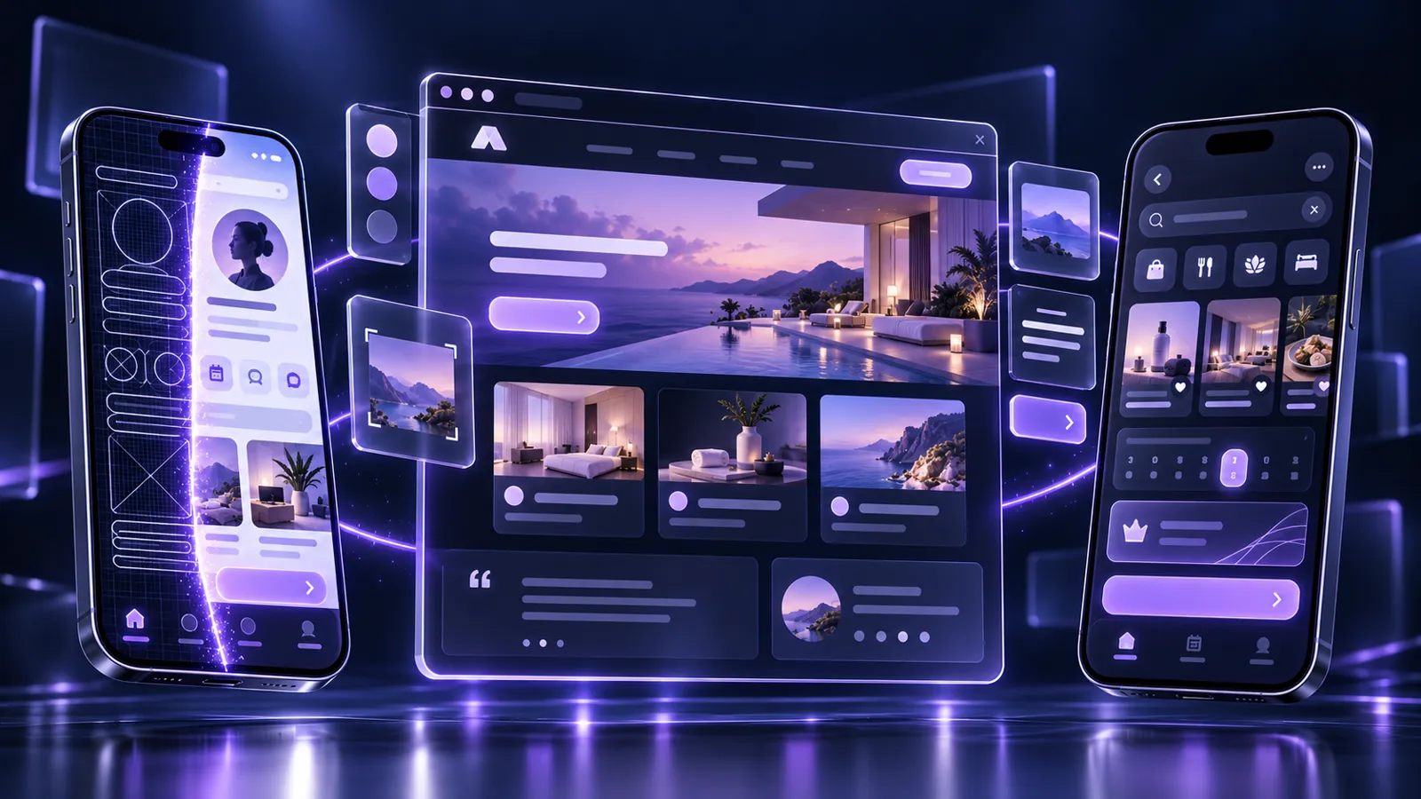 App designs moving from wireframe to finished screens on phone and web