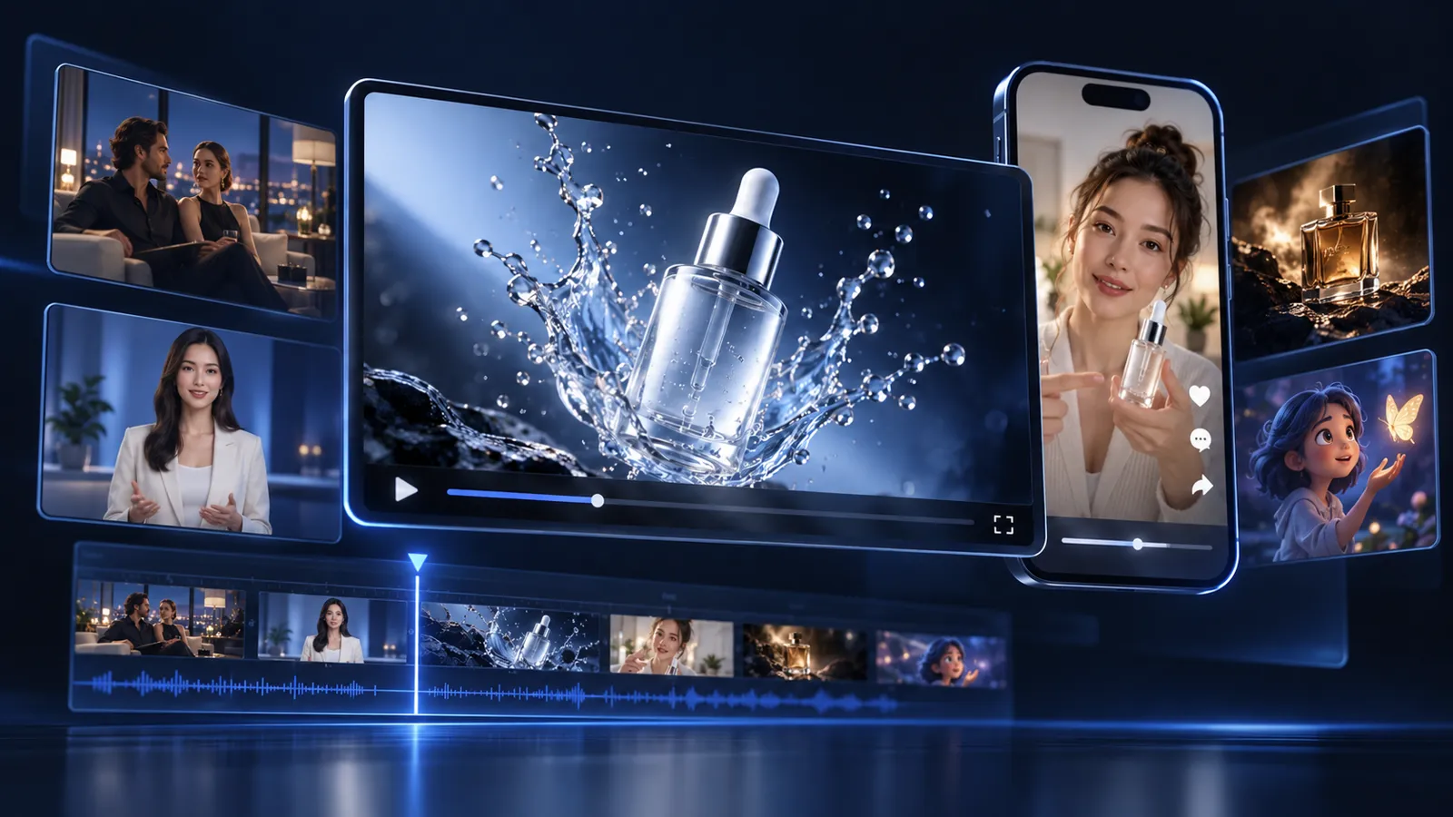 AI product video on screens with an AI presenter and editing timeline