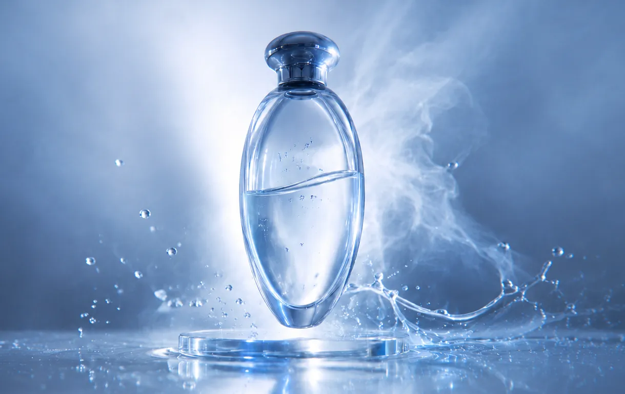 Perfume bottle in a cinematic water-splash product shot